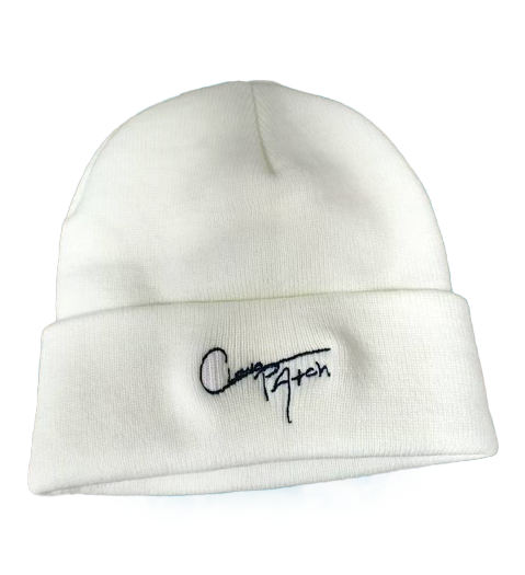 White beanie with black embroidered logo.