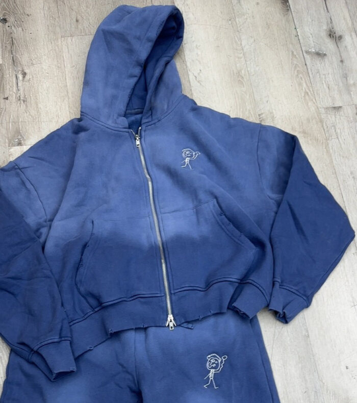 Blue hoodie and pants with stick figure design.