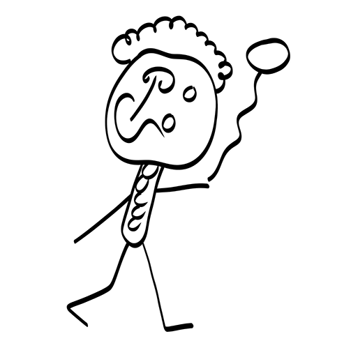 Stick figure playing tennis, curly hair.