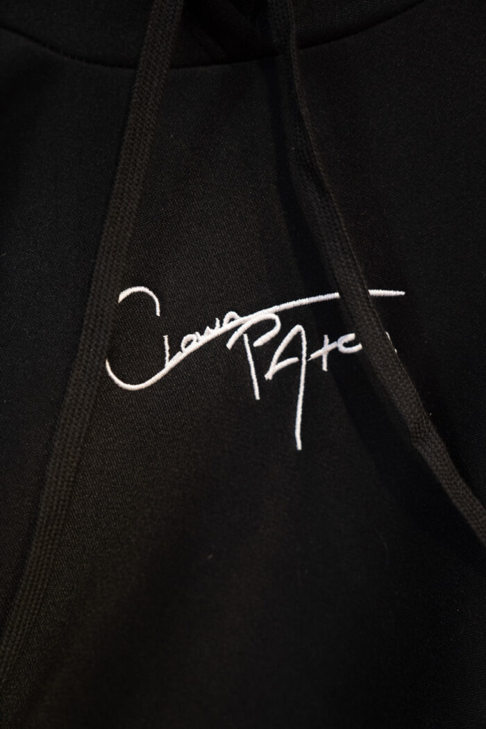 Black hoodie with white embroidered signature logo.
